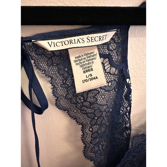 Victoria's Secret Navy Blue Satin Lace Slip Nightie Lingerie Nightgown Large - Picture 3 of 12